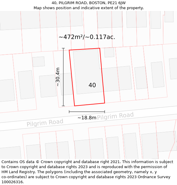 40, PILGRIM ROAD, BOSTON, PE21 6JW: Plot and title map