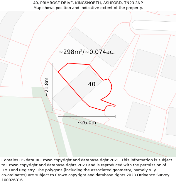 40, PRIMROSE DRIVE, KINGSNORTH, ASHFORD, TN23 3NP: Plot and title map