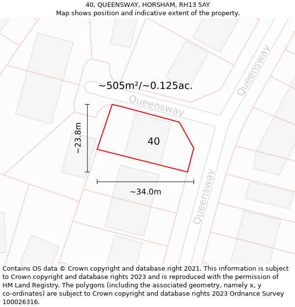 40, QUEENSWAY, HORSHAM, RH13 5AY: Plot and title map