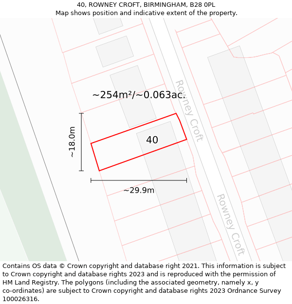 40, ROWNEY CROFT, BIRMINGHAM, B28 0PL: Plot and title map