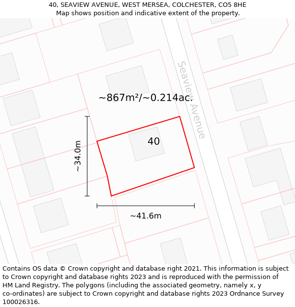 40, SEAVIEW AVENUE, WEST MERSEA, COLCHESTER, CO5 8HE: Plot and title map