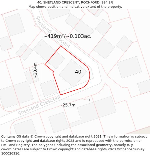 40, SHETLAND CRESCENT, ROCHFORD, SS4 3FJ: Plot and title map