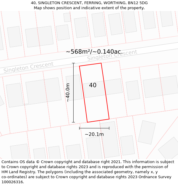 40, SINGLETON CRESCENT, FERRING, WORTHING, BN12 5DG: Plot and title map