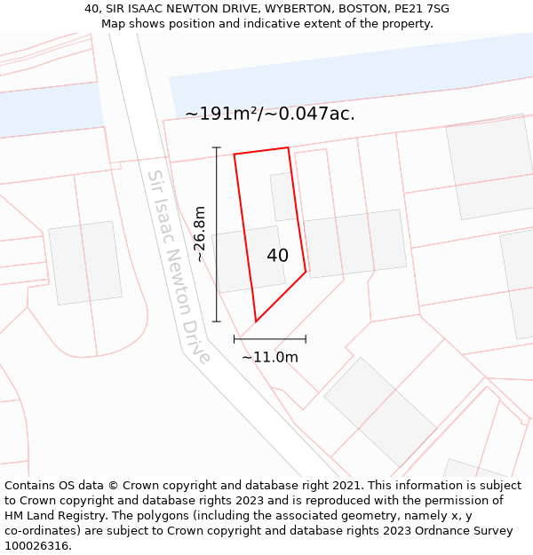 40, SIR ISAAC NEWTON DRIVE, WYBERTON, BOSTON, PE21 7SG: Plot and title map