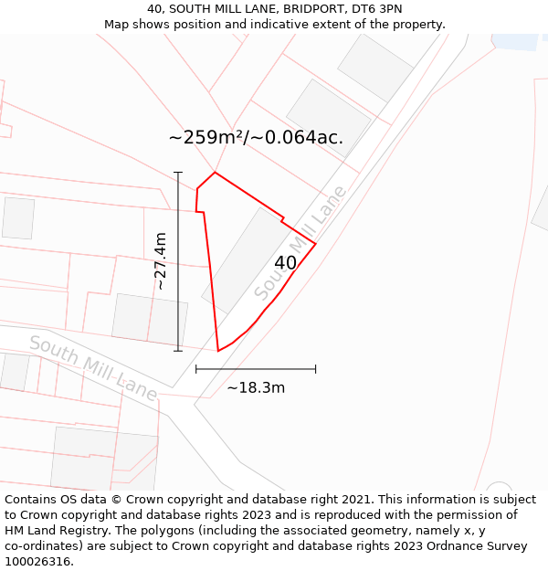 40, SOUTH MILL LANE, BRIDPORT, DT6 3PN: Plot and title map