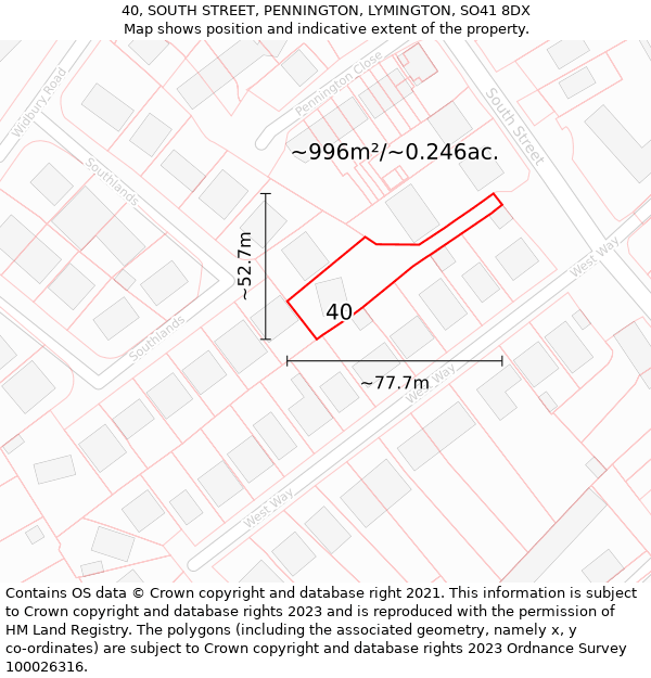 40, SOUTH STREET, PENNINGTON, LYMINGTON, SO41 8DX: Plot and title map