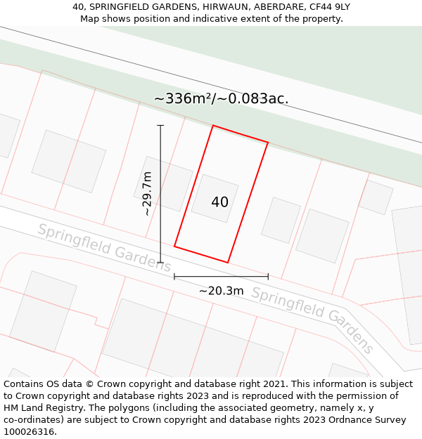 40, SPRINGFIELD GARDENS, HIRWAUN, ABERDARE, CF44 9LY: Plot and title map