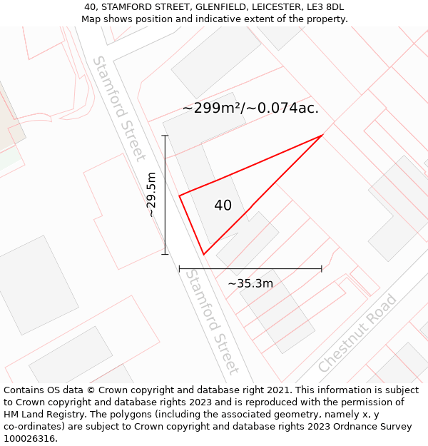 40, STAMFORD STREET, GLENFIELD, LEICESTER, LE3 8DL: Plot and title map