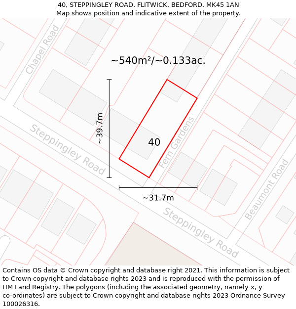 40, STEPPINGLEY ROAD, FLITWICK, BEDFORD, MK45 1AN: Plot and title map