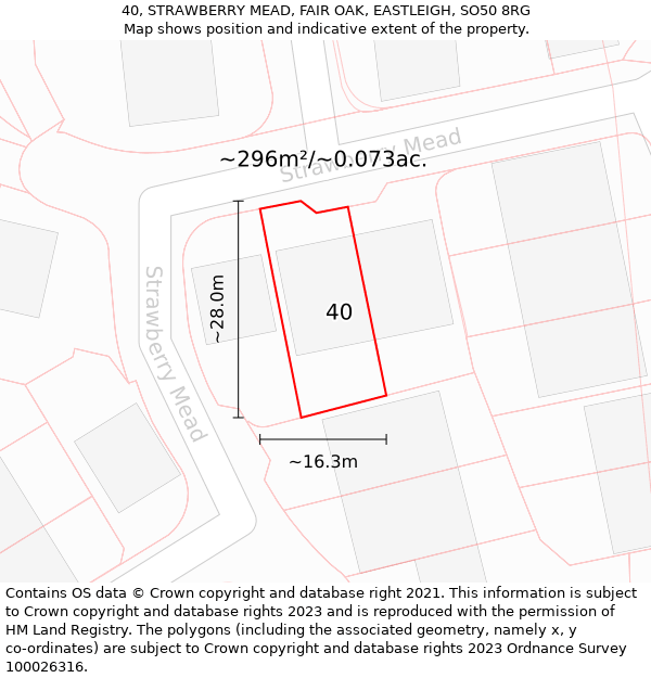 40, STRAWBERRY MEAD, FAIR OAK, EASTLEIGH, SO50 8RG: Plot and title map