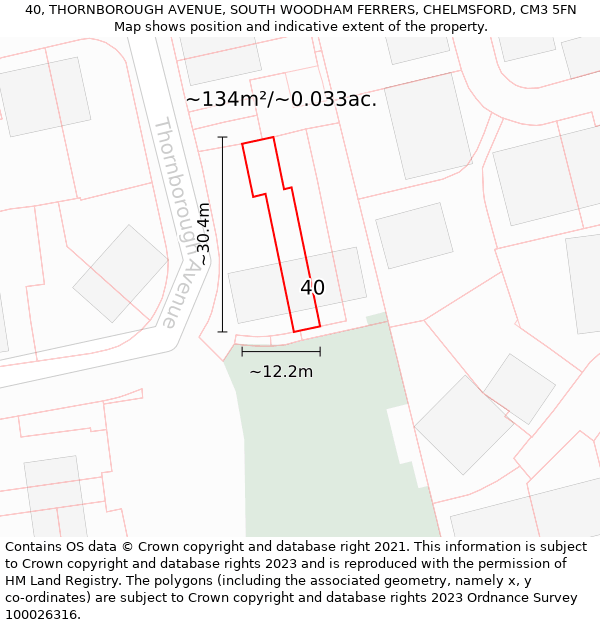 40, THORNBOROUGH AVENUE, SOUTH WOODHAM FERRERS, CHELMSFORD, CM3 5FN: Plot and title map