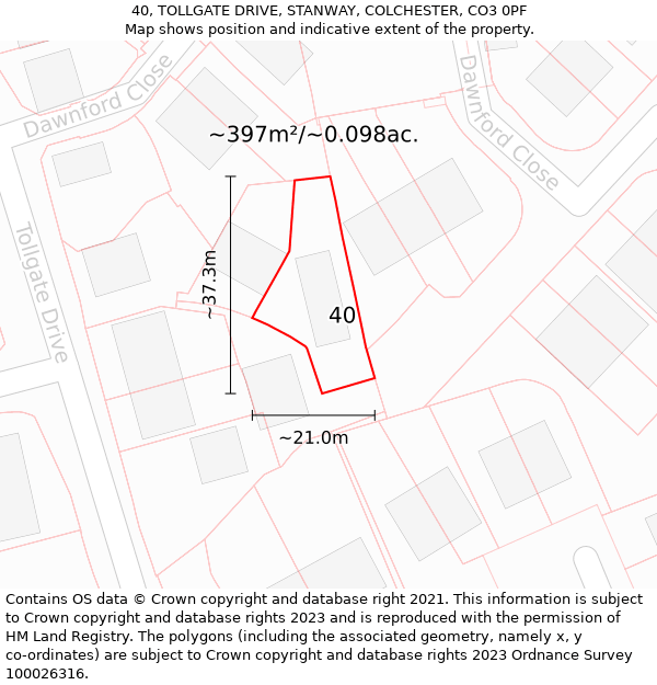 40, TOLLGATE DRIVE, STANWAY, COLCHESTER, CO3 0PF: Plot and title map