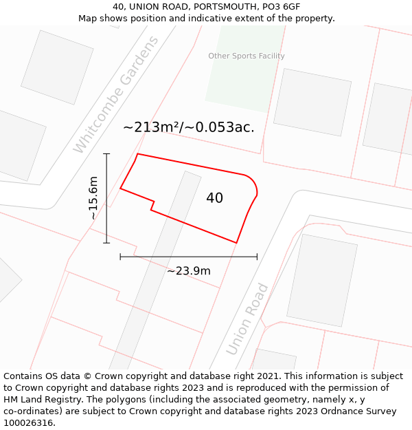 40, UNION ROAD, PORTSMOUTH, PO3 6GF: Plot and title map