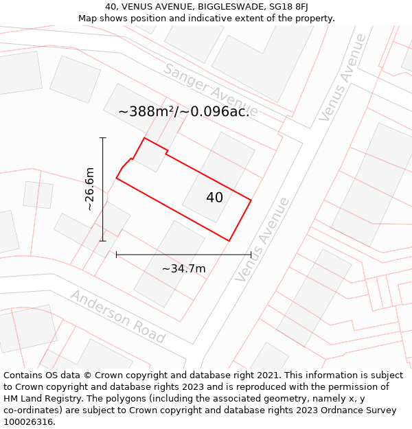 40, VENUS AVENUE, BIGGLESWADE, SG18 8FJ: Plot and title map