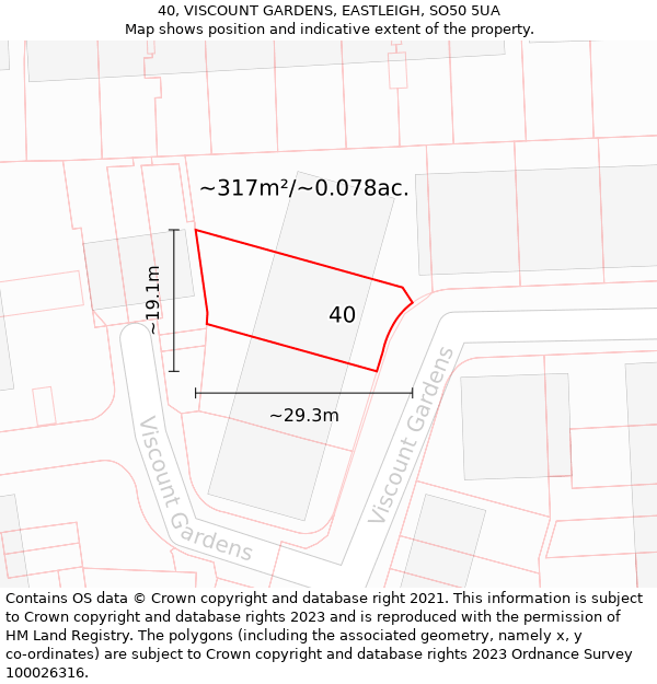 40, VISCOUNT GARDENS, EASTLEIGH, SO50 5UA: Plot and title map