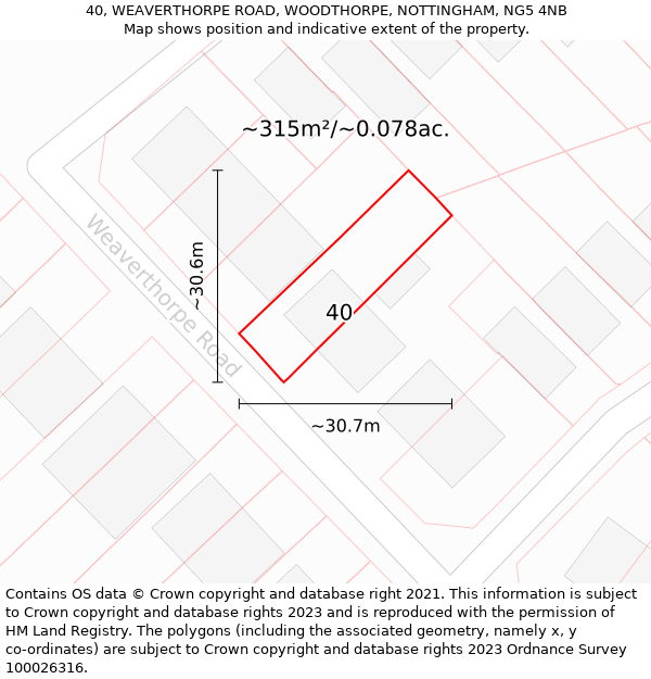 40, WEAVERTHORPE ROAD, WOODTHORPE, NOTTINGHAM, NG5 4NB: Plot and title map