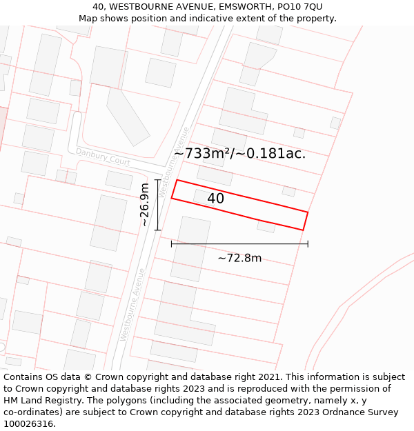 40, WESTBOURNE AVENUE, EMSWORTH, PO10 7QU: Plot and title map