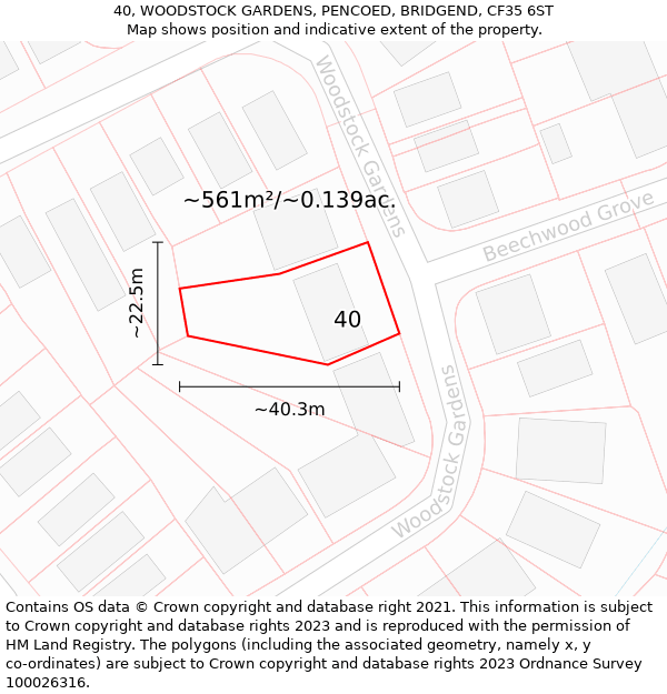 40, WOODSTOCK GARDENS, PENCOED, BRIDGEND, CF35 6ST: Plot and title map