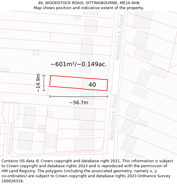 40, WOODSTOCK ROAD, SITTINGBOURNE, ME10 4HN: Plot and title map