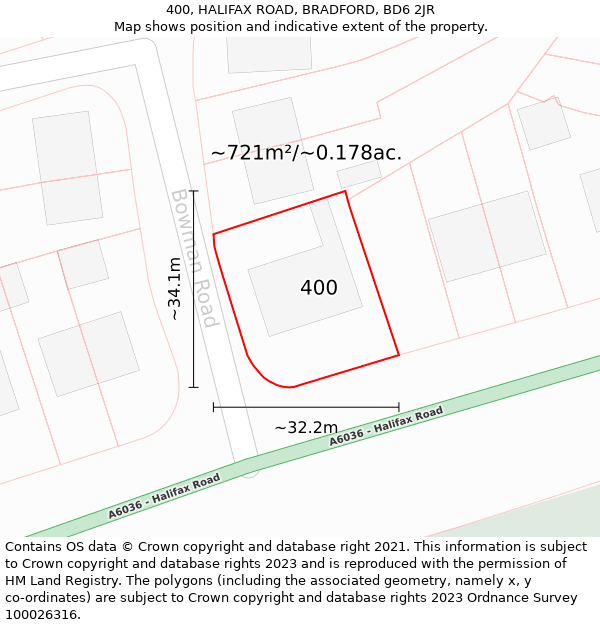 400, HALIFAX ROAD, BRADFORD, BD6 2JR: Plot and title map