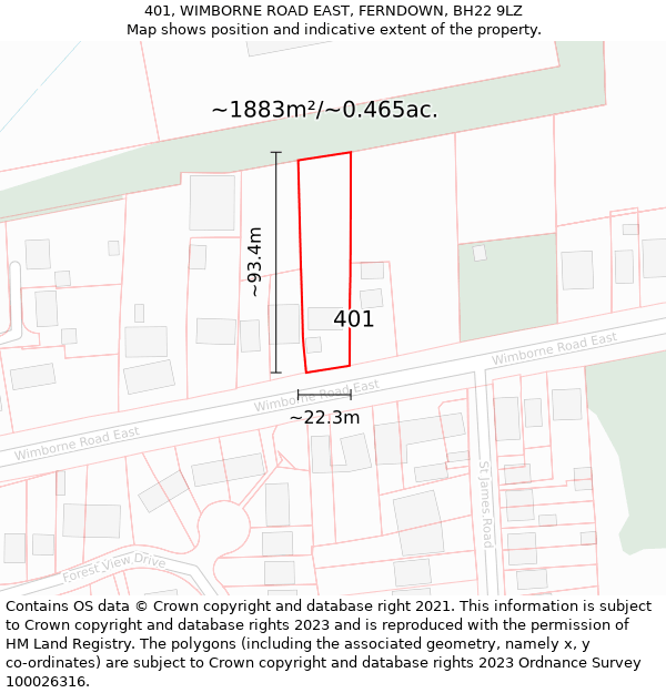 401, WIMBORNE ROAD EAST, FERNDOWN, BH22 9LZ: Plot and title map