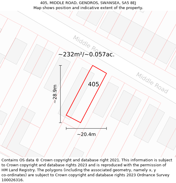 405, MIDDLE ROAD, GENDROS, SWANSEA, SA5 8EJ: Plot and title map