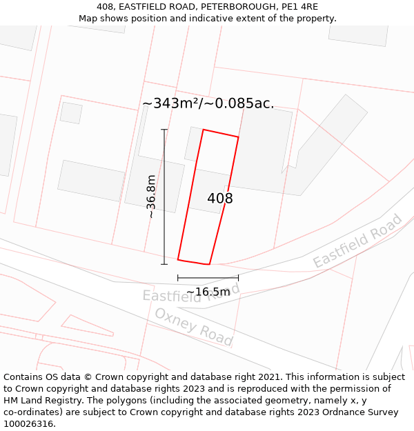 408, EASTFIELD ROAD, PETERBOROUGH, PE1 4RE: Plot and title map