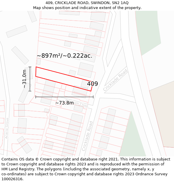 409, CRICKLADE ROAD, SWINDON, SN2 1AQ: Plot and title map