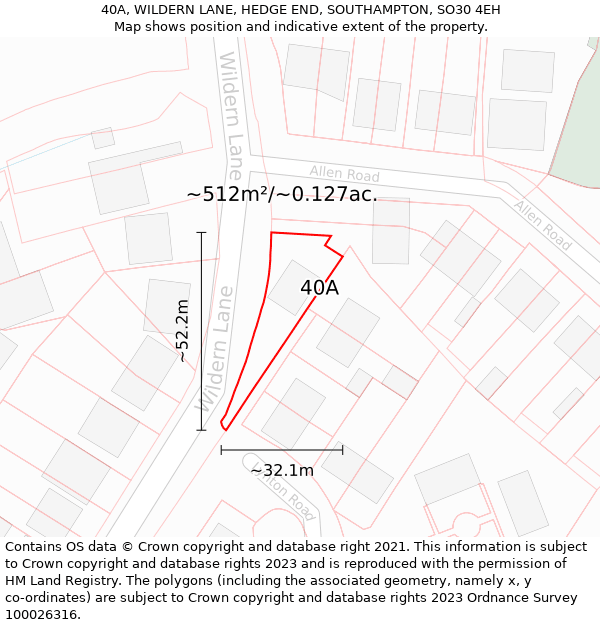 40A, WILDERN LANE, HEDGE END, SOUTHAMPTON, SO30 4EH: Plot and title map