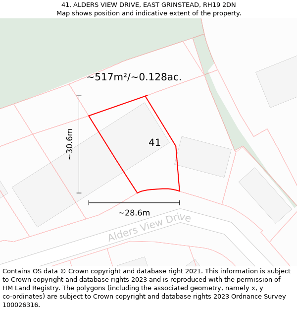 41, ALDERS VIEW DRIVE, EAST GRINSTEAD, RH19 2DN: Plot and title map