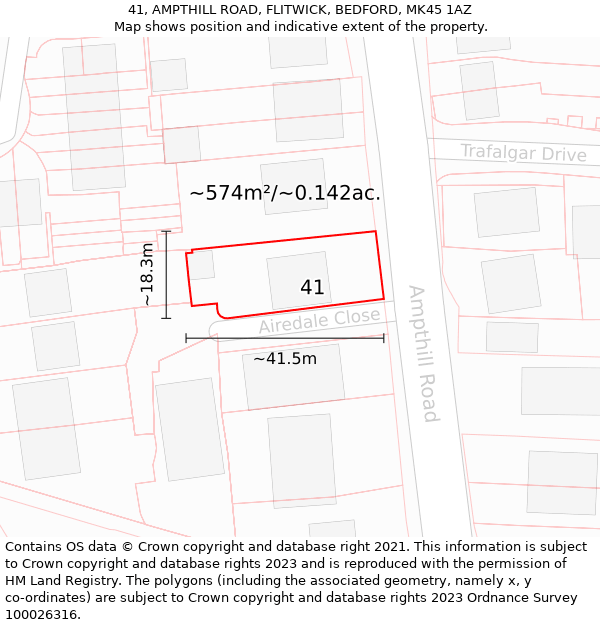 41, AMPTHILL ROAD, FLITWICK, BEDFORD, MK45 1AZ: Plot and title map