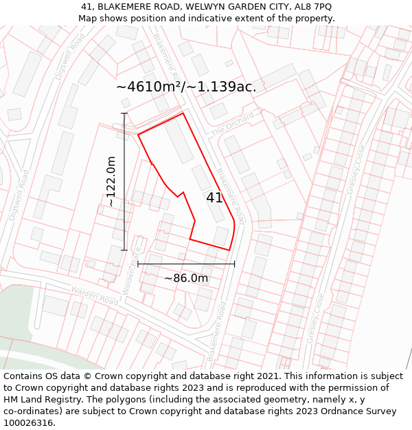 41, BLAKEMERE ROAD, WELWYN GARDEN CITY, AL8 7PQ: Plot and title map