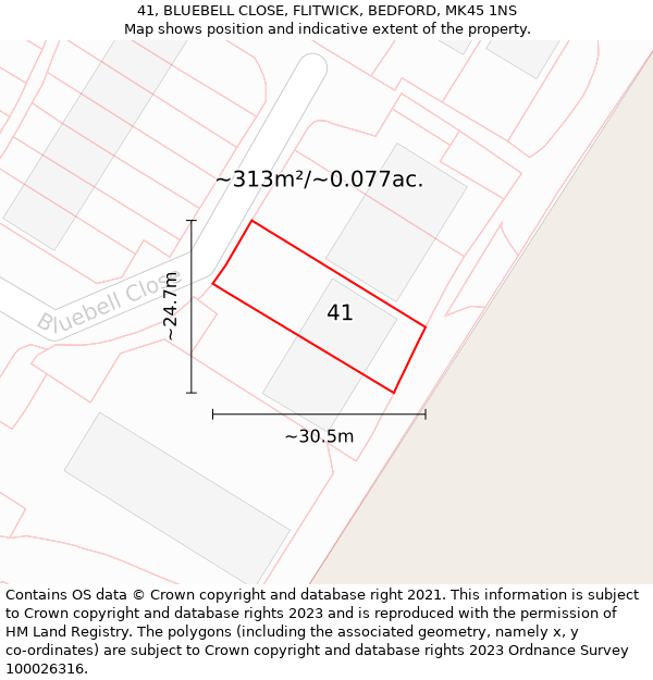 41, BLUEBELL CLOSE, FLITWICK, BEDFORD, MK45 1NS: Plot and title map