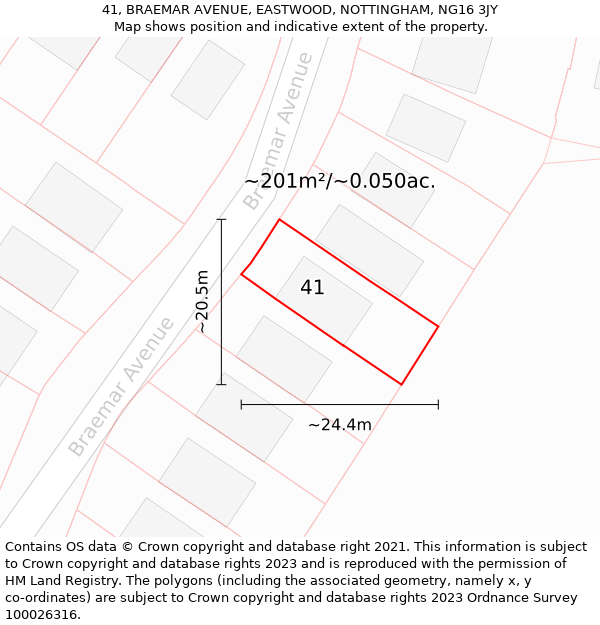 41, BRAEMAR AVENUE, EASTWOOD, NOTTINGHAM, NG16 3JY: Plot and title map