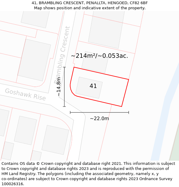 41, BRAMBLING CRESCENT, PENALLTA, HENGOED, CF82 6BF: Plot and title map