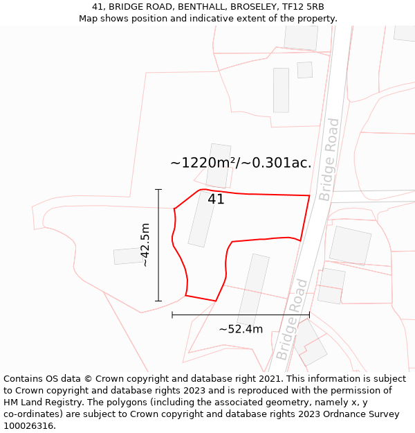 41, BRIDGE ROAD, BENTHALL, BROSELEY, TF12 5RB: Plot and title map