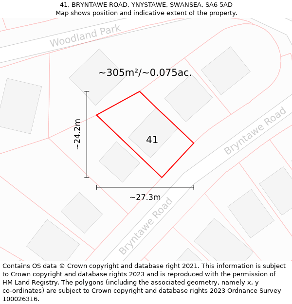 41, BRYNTAWE ROAD, YNYSTAWE, SWANSEA, SA6 5AD: Plot and title map