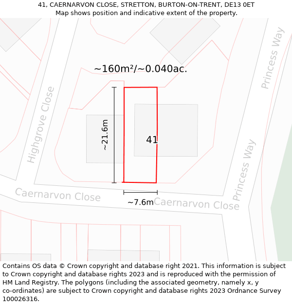 41, CAERNARVON CLOSE, STRETTON, BURTON-ON-TRENT, DE13 0ET: Plot and title map