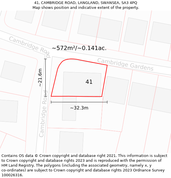 41, CAMBRIDGE ROAD, LANGLAND, SWANSEA, SA3 4PQ: Plot and title map