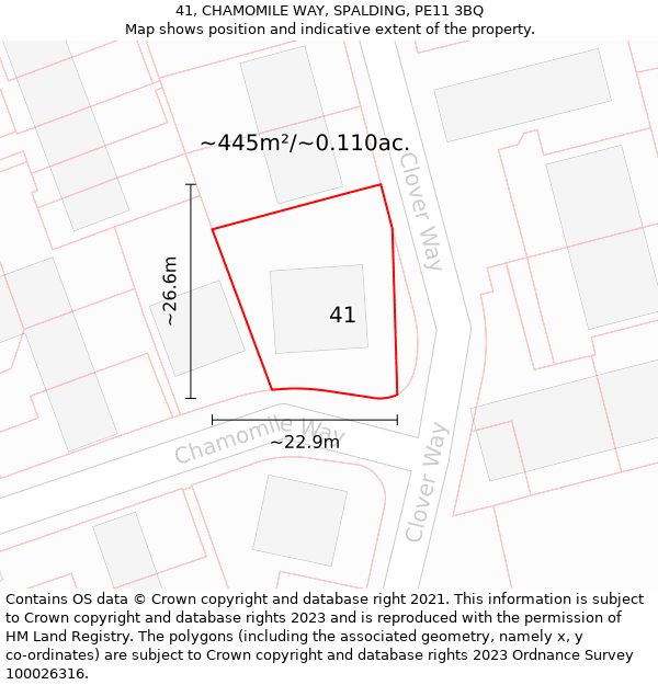 41, CHAMOMILE WAY, SPALDING, PE11 3BQ: Plot and title map