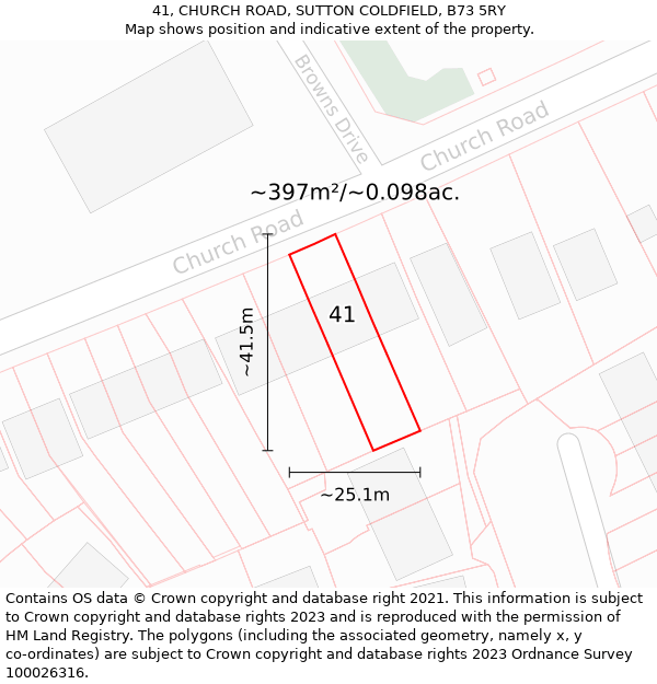 41, CHURCH ROAD, SUTTON COLDFIELD, B73 5RY: Plot and title map