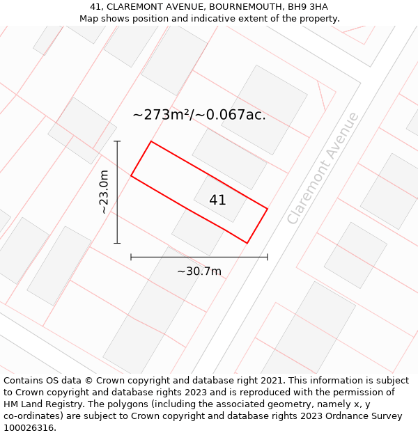 41, CLAREMONT AVENUE, BOURNEMOUTH, BH9 3HA: Plot and title map