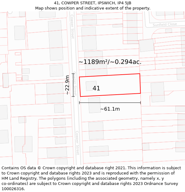 41, COWPER STREET, IPSWICH, IP4 5JB: Plot and title map