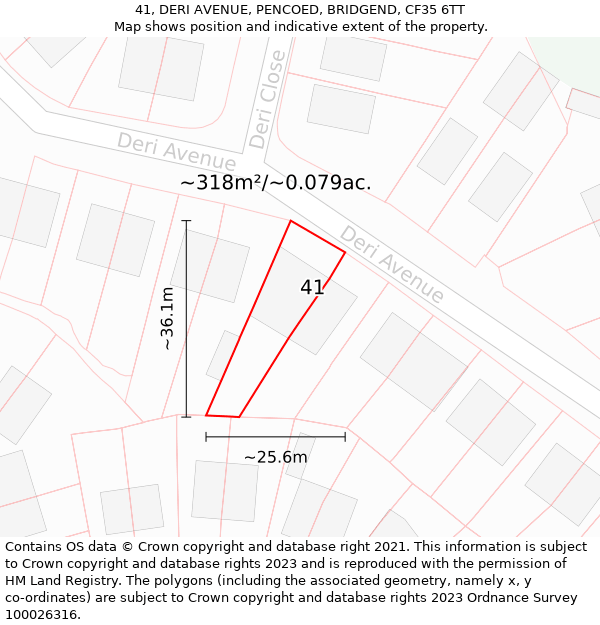 41, DERI AVENUE, PENCOED, BRIDGEND, CF35 6TT: Plot and title map