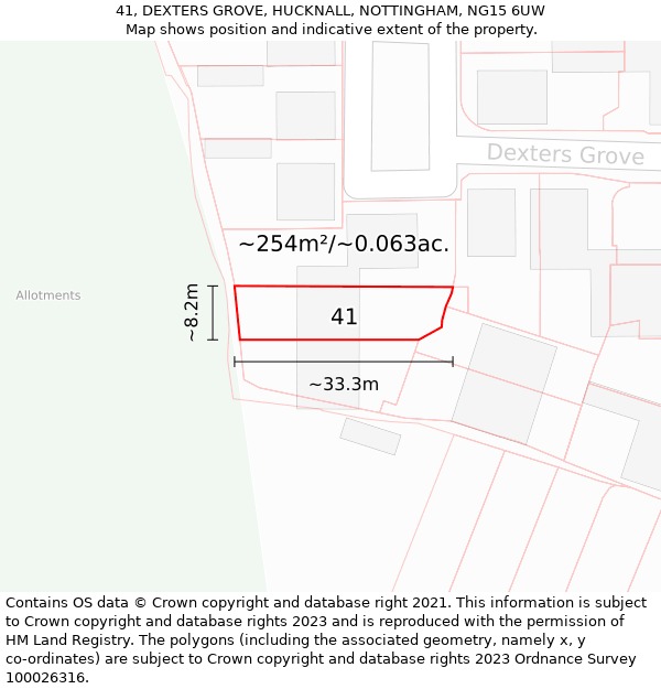 41, DEXTERS GROVE, HUCKNALL, NOTTINGHAM, NG15 6UW: Plot and title map