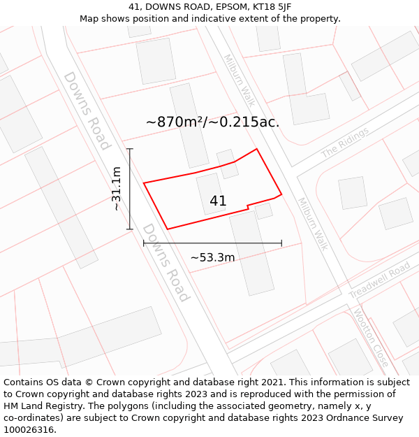 41, DOWNS ROAD, EPSOM, KT18 5JF: Plot and title map