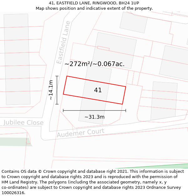 41, EASTFIELD LANE, RINGWOOD, BH24 1UP: Plot and title map