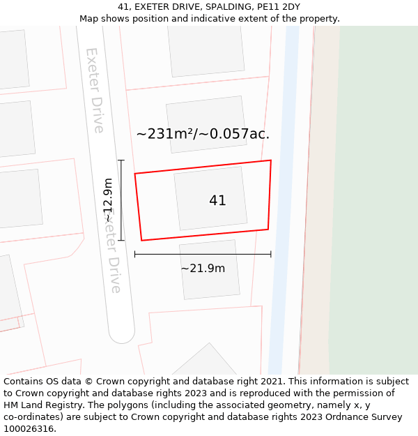 41, EXETER DRIVE, SPALDING, PE11 2DY: Plot and title map