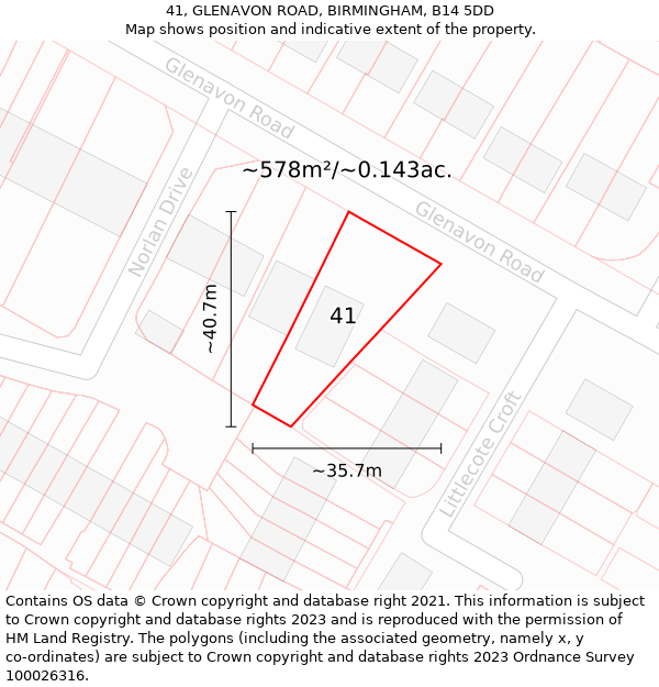 41, GLENAVON ROAD, BIRMINGHAM, B14 5DD: Plot and title map