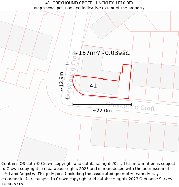 41, GREYHOUND CROFT, HINCKLEY, LE10 0FX: Plot and title map